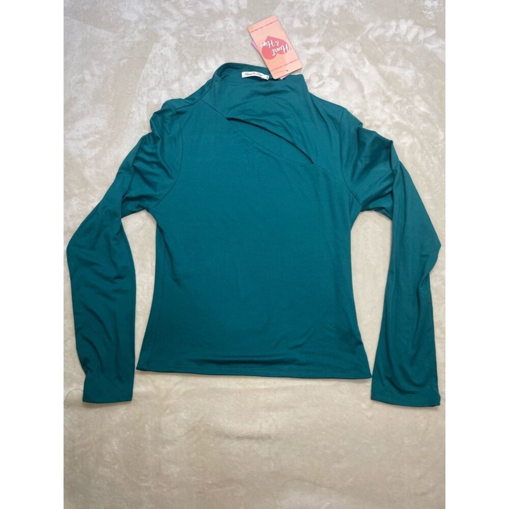 Heart Hips Teal Cutout Neck Top Long Sleeve Stretch Blouse NWT L